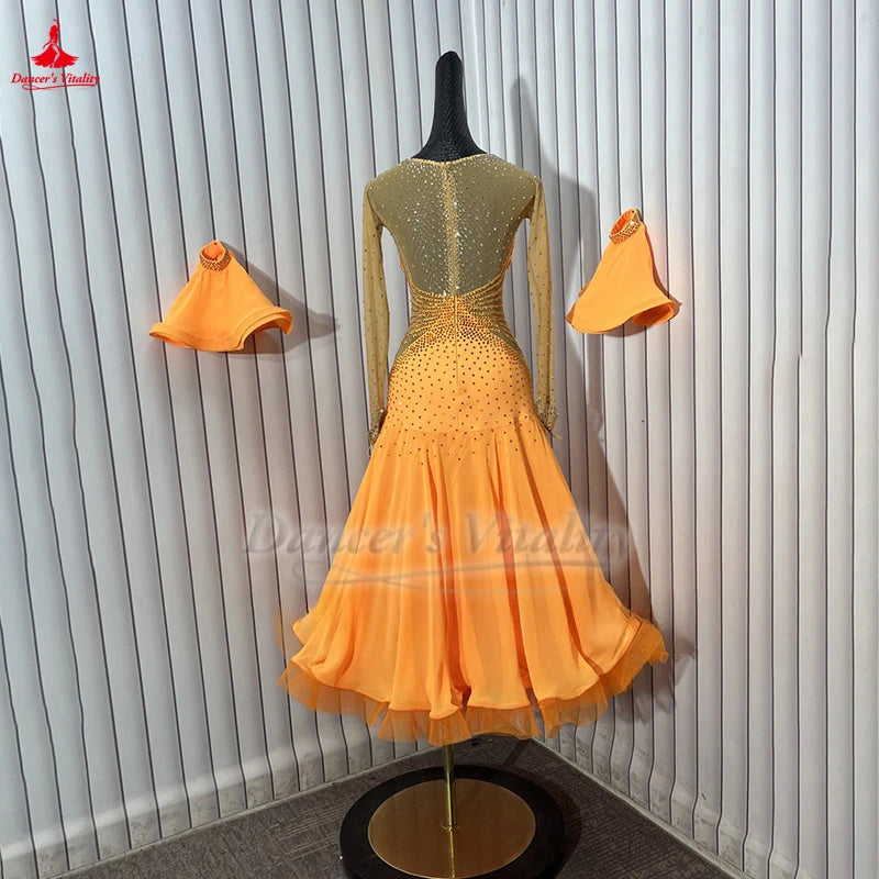 Ballroom Dance Dress With Sheer Mesh Back Light Orange For Women & Girls Competition Waltz Foxtrot Tango