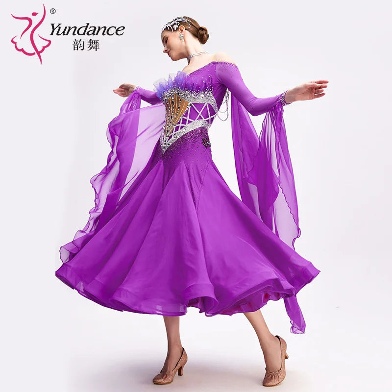 Women's International Standard Ballroom Dance Dress With Chiffon In Amaranth For Competition