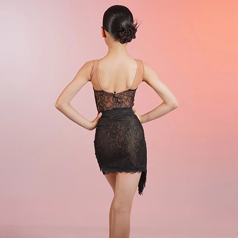 Girls' Black & Nude Lace Fringe Latin Dance Dress