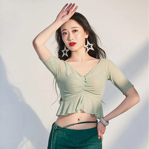 Women's Green Glitter Slit Maxi Skirt & Ruffled V-Neck Top Belly Dance Costume