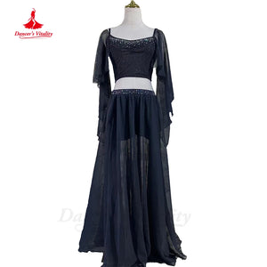 Belly Dance Costume Women's Royal Blue Chiffon & Spandex Crop Top with Sheer Sleeves and Long Skirt with Slits