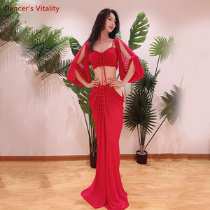 Women's Red Beaded Chiffon Bell Sleeve Crop Top & Drape Skirt Set, Belly Dance Costume