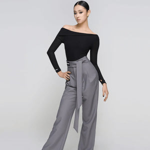 Women's Off-Shoulder Long Sleeve Dance Top, White, Black, or Tan, with High-Waisted Wide Leg Trousers, Brown, Grey, or Black, for Latin Ballroom Dance