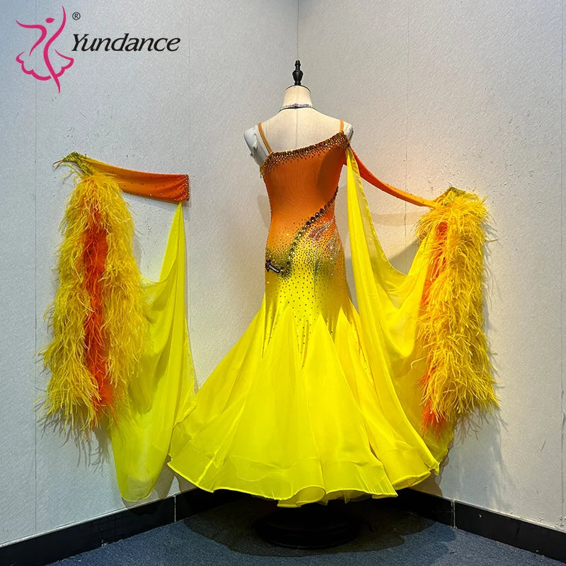 Women's International Standard Ballroom Dance Dress With Ostrich Feathers In Chiffon For Competition