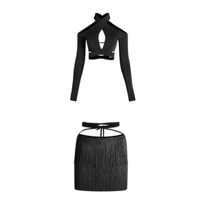 Women's Black Cold Shoulder Fringe Latin Dance Dress with Criss-Cross Cut-Outs