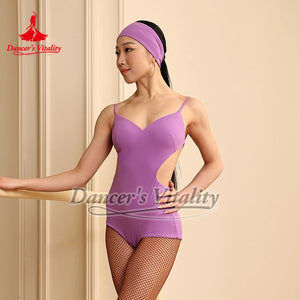 Women's Purple, Mint, Blue Cutout Camisole Leotard with Headband and Fishnet Tights for Latin Dance