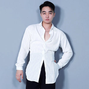 Men's Black Textured Long Sleeve Ballroom Dance Shirt