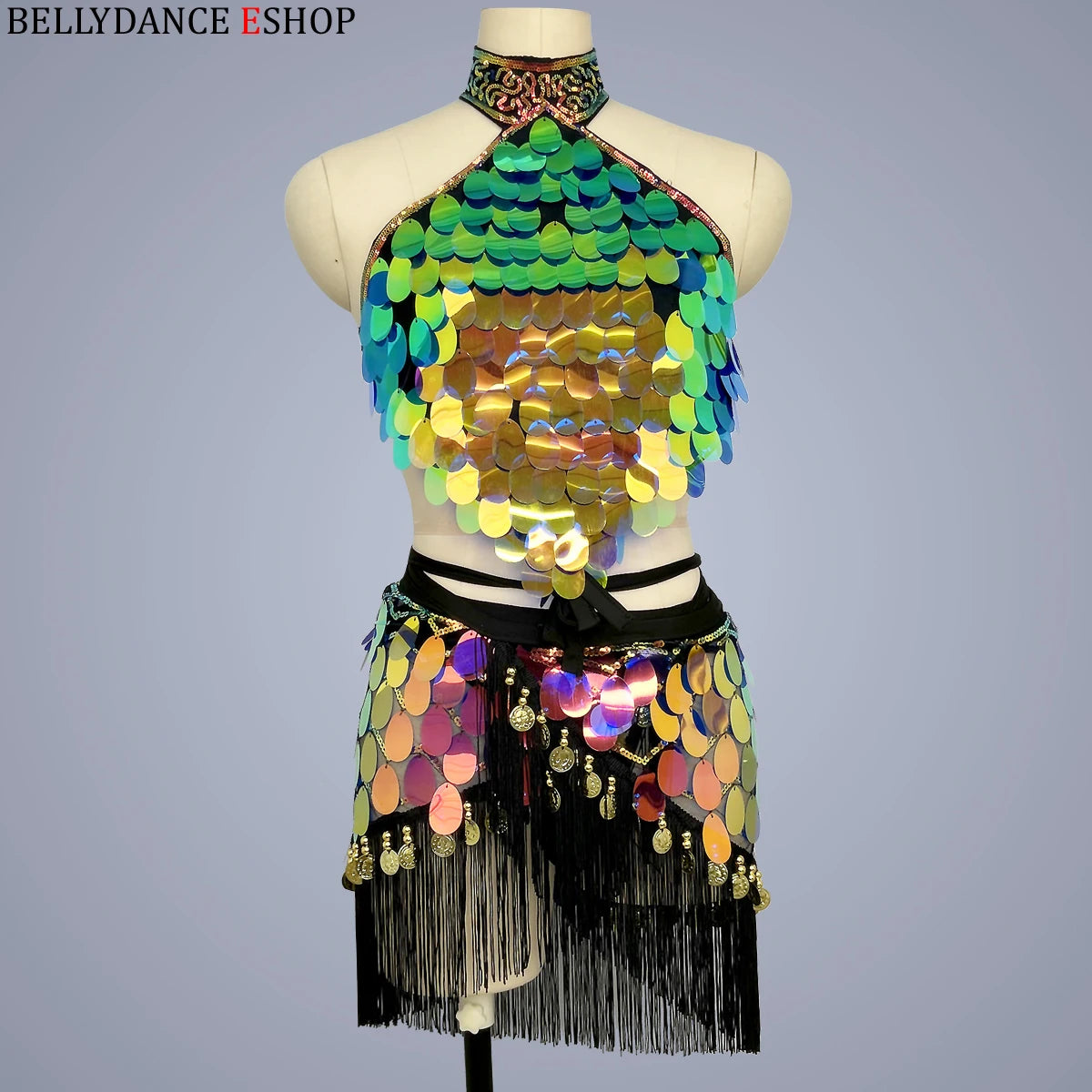Belly Dance Halter Top and Skirt Set, Women's Iridescent Sequin Fringe Latin Dance Costume