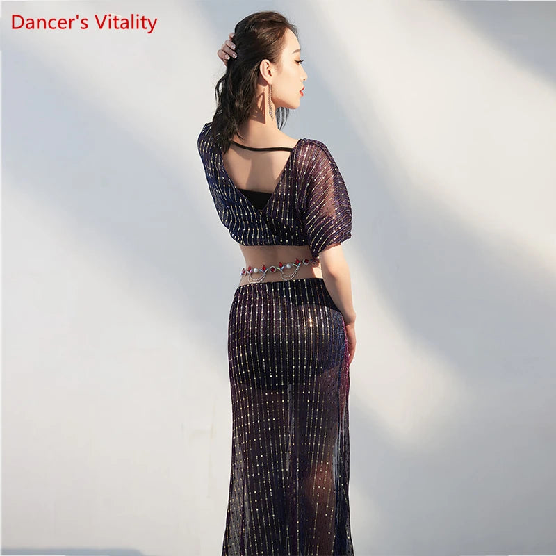 Women's Purple Sequin Mesh Crop Top & High Slit Skirt Belly Dance Costume