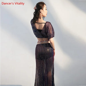 Women's Purple Sequin Mesh Crop Top & High Slit Skirt Belly Dance Costume