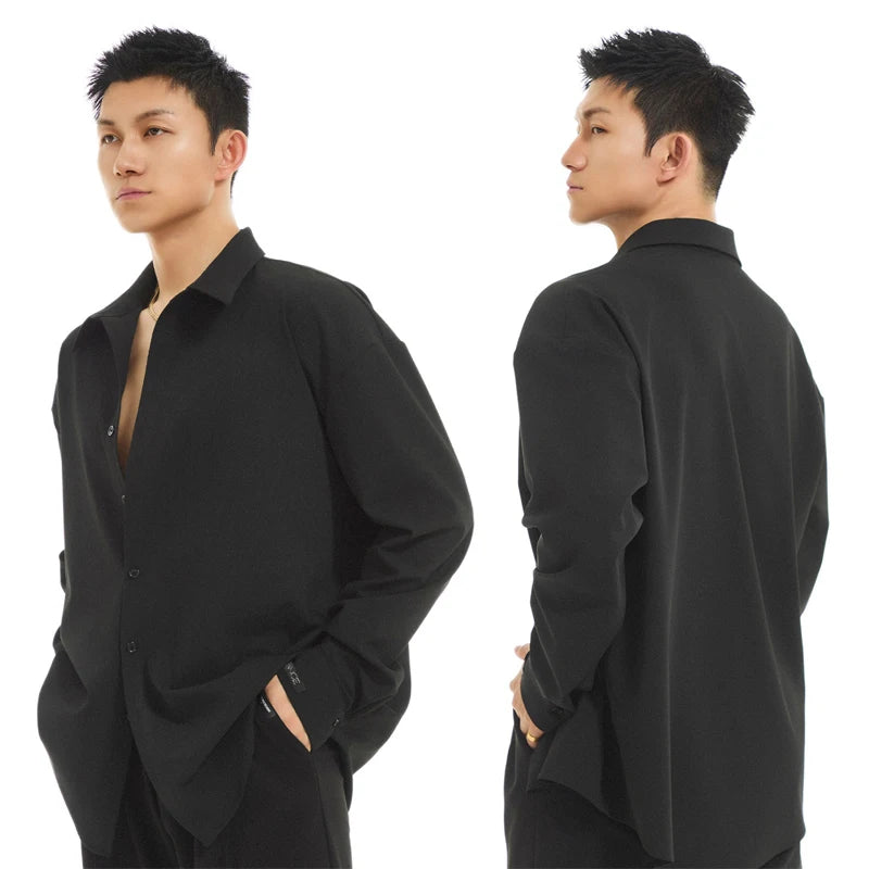 Men's Black Oversized Button-Down Shirt, Loose Fit