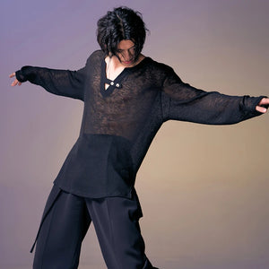 Men's Beige Ribbed Henley Long Sleeve Shirt with Black Wide-Leg Pants - Hip-Hop Dancewear