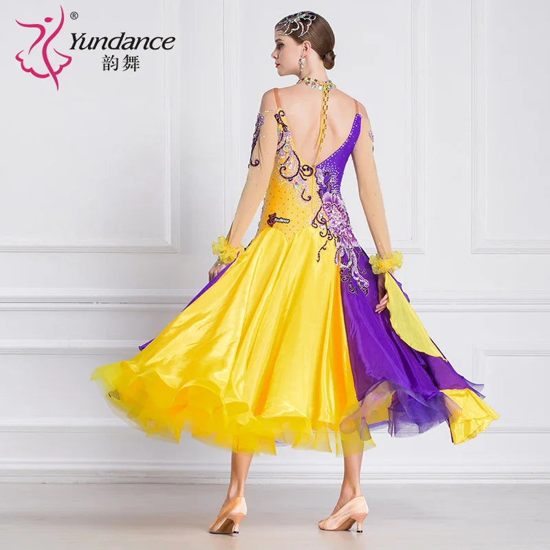 Women's Ballroom Dance Dress With Mosaic Applique And Pearl Details Silk Yellow And Purple For Competition