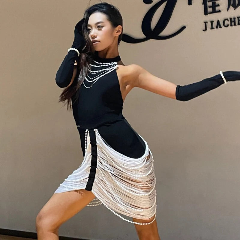 Women's Black Halter Neck Pearl Fringe Latin Dance Dress