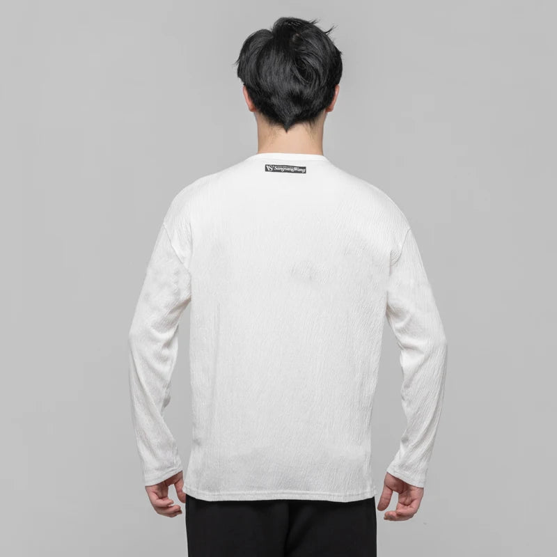 Men's Black & White V-Neck Long Sleeve Textured Latin Dance Shirt