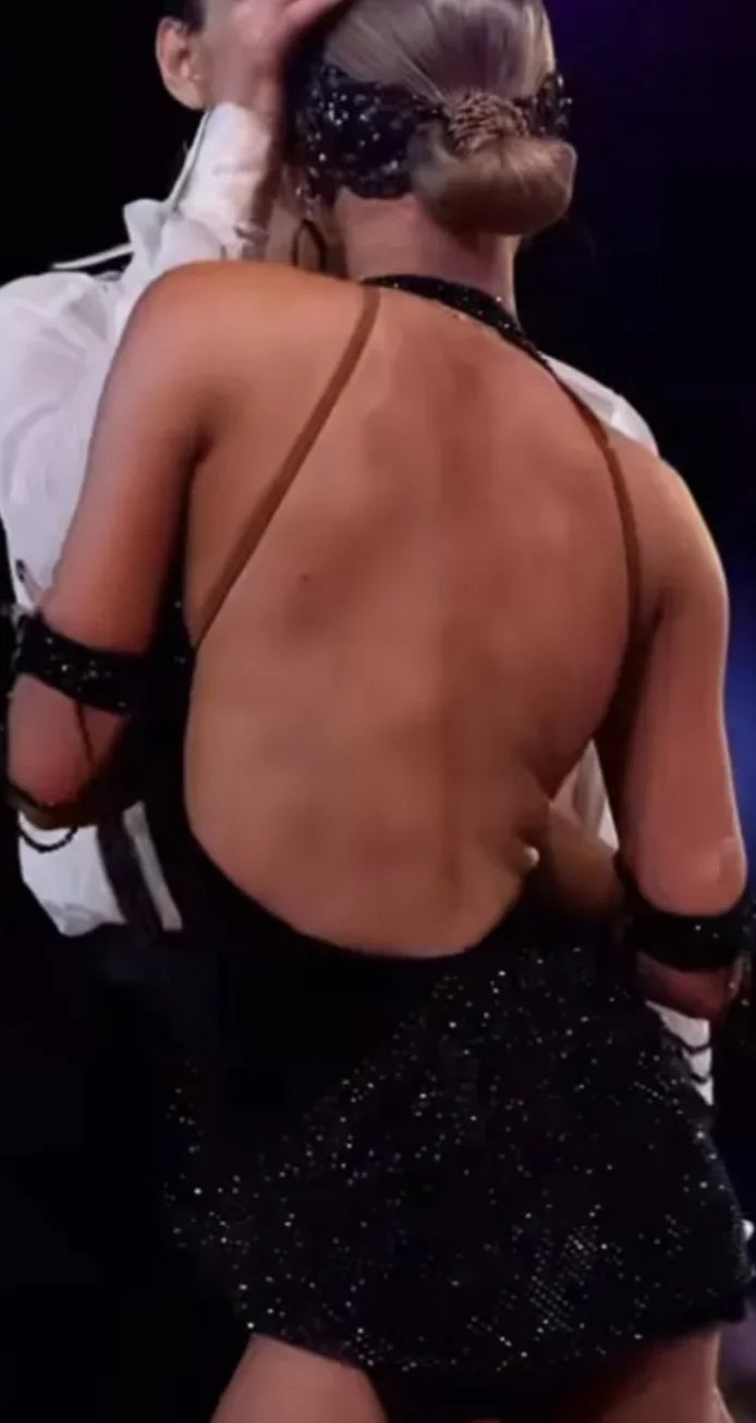 Women's Black Beaded Halterneck Latin Dance Dress with Fringe Detail