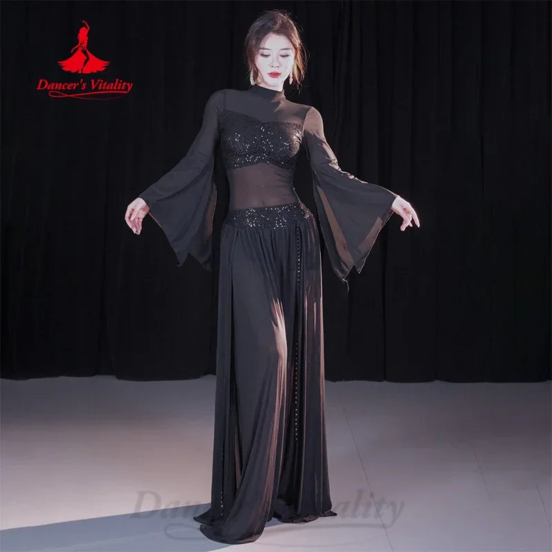 Belly Dance Costume Women's Black Sequin Mesh Long Sleeve Top & Slit Skirt Set for Performance