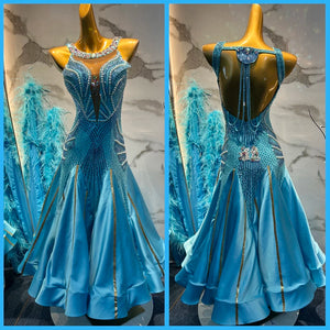 Ballroom Dance Dress Women's Light Blue Embellished Open Back Full Skirt with Feathers and Gold Accents