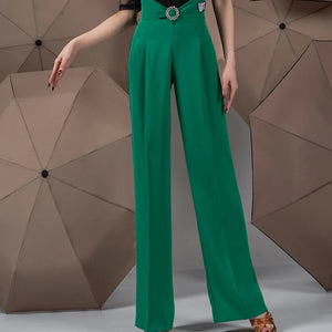 Women's Black & Green High Waist Pleated Wide Leg Ballroom Dance Pants
