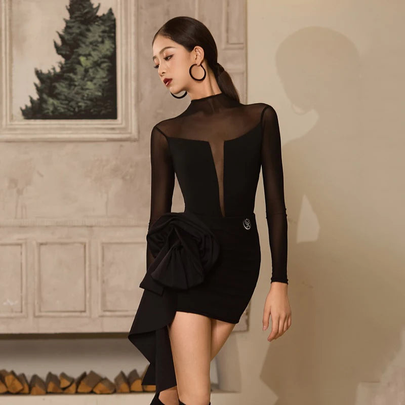 Women's Black & Ivory Mock Neck Mesh Long Sleeve Dance Mini Dress with Ruched Skirt - Ballroom