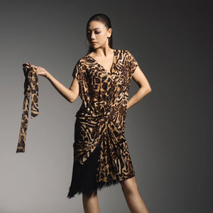 Women's Brown Leopard Print Fringe Latin Dance Dress