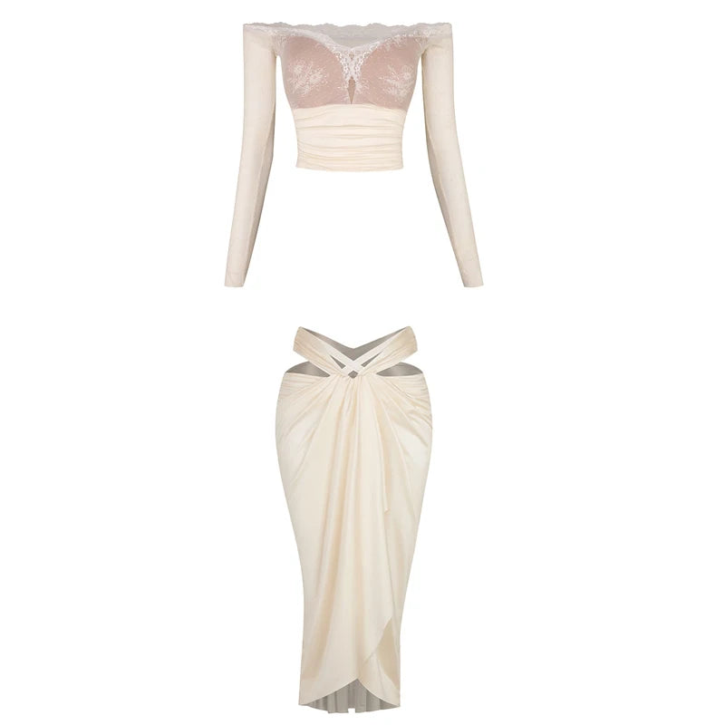 Women's Black Lace Off-Shoulder Crop Top & Satin Cutout Ruched Skirt Latin Dance Dress