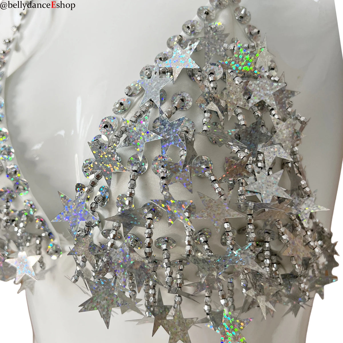 Belly Dance Women's White Sequin Star Halter Top and High-Waisted Briefs Set, Performance & Practice Wear