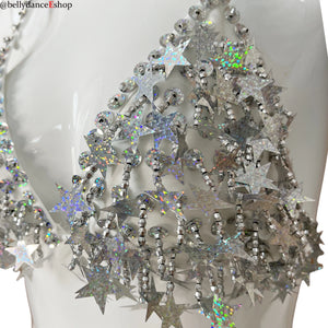 Belly Dance Women's White Sequin Star Halter Top and High-Waisted Briefs Set, Performance & Practice Wear