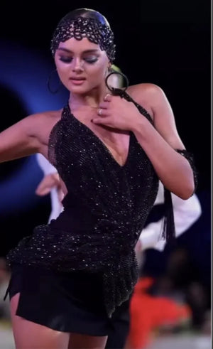 Women's Black Beaded Halterneck Latin Dance Dress with Fringe Detail