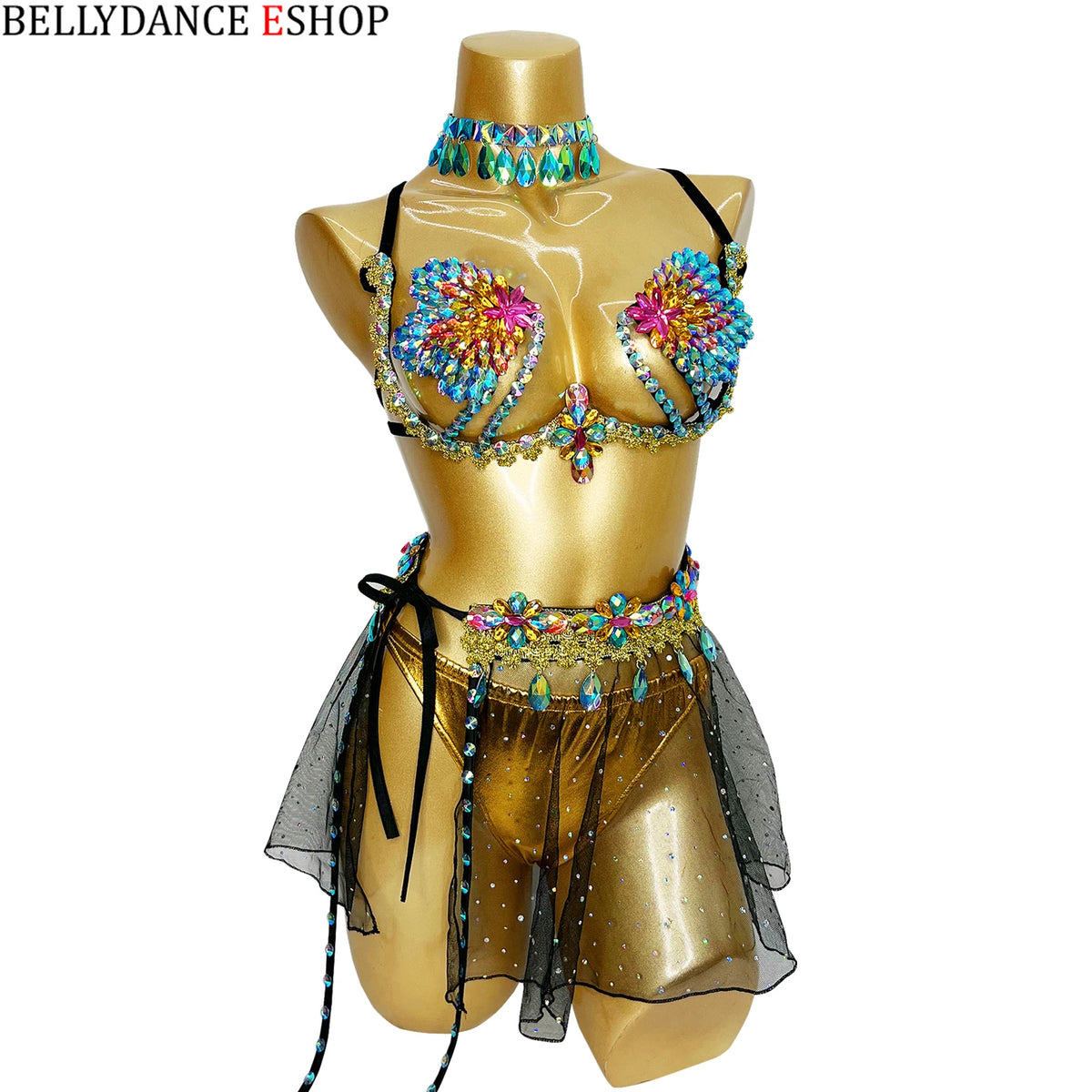 Belly Dance Women's Black and White Sequin Mesh Skirt and Rhinestone Bra Set, Carnival Festival Costume