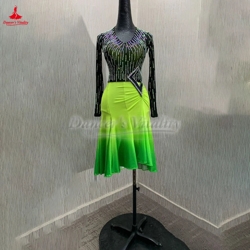 Women's Lime Green Ombre Rhinestone Mesh Latin Dance Dress