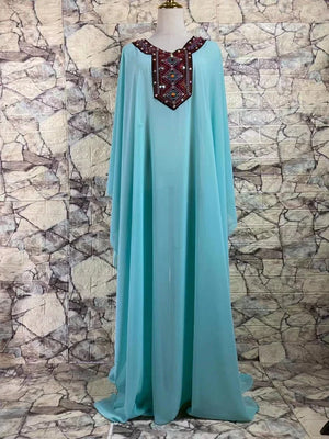 Women's Aqua Chiffon Embroidered V-Neck Kaftan Belly Dance Costume
