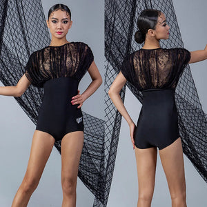 Women's Black Lace & Solid Leotard with Short Sleeves for Ballroom Dance