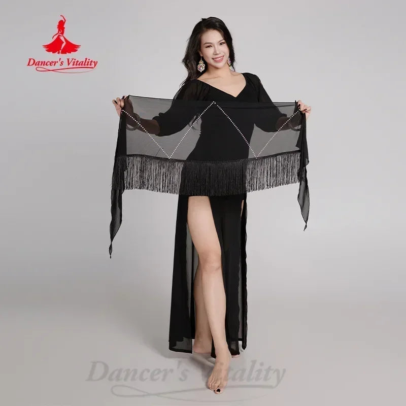 Women's Fuchsia V-Neck Long Sleeve Ruched Belly Dance Dress with High Slits and Fringe Hip Scarf