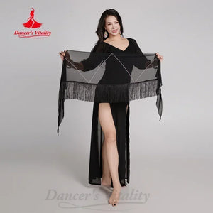 Women's Fuchsia V-Neck Long Sleeve Ruched Belly Dance Dress with High Slits and Fringe Hip Scarf