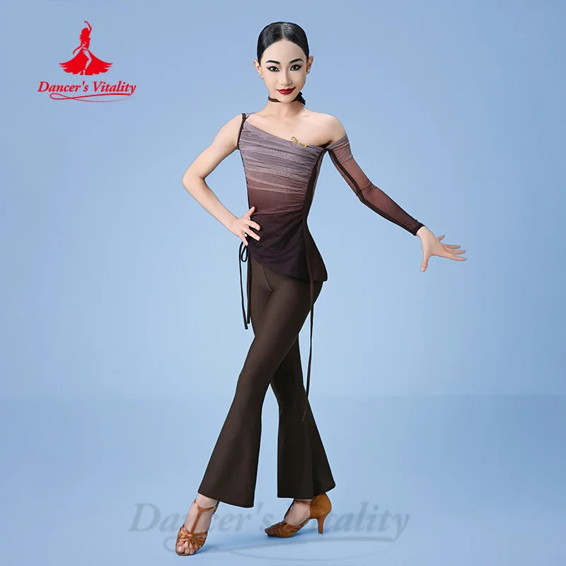 Girls' Ombre One-Shoulder Mesh Latin Dance Top and Flared Pants Set - Brown/Beige, Ruched, Long Sleeve