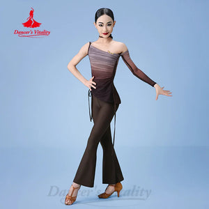 Girls' Ombre One-Shoulder Mesh Latin Dance Top and Flared Pants Set - Brown/Beige, Ruched, Long Sleeve