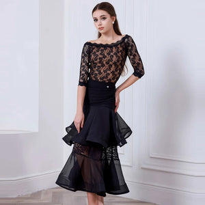 Women's Black Lace & Chiffon Ballroom Dance Dress with Ruched Waist and Tiered Skirt