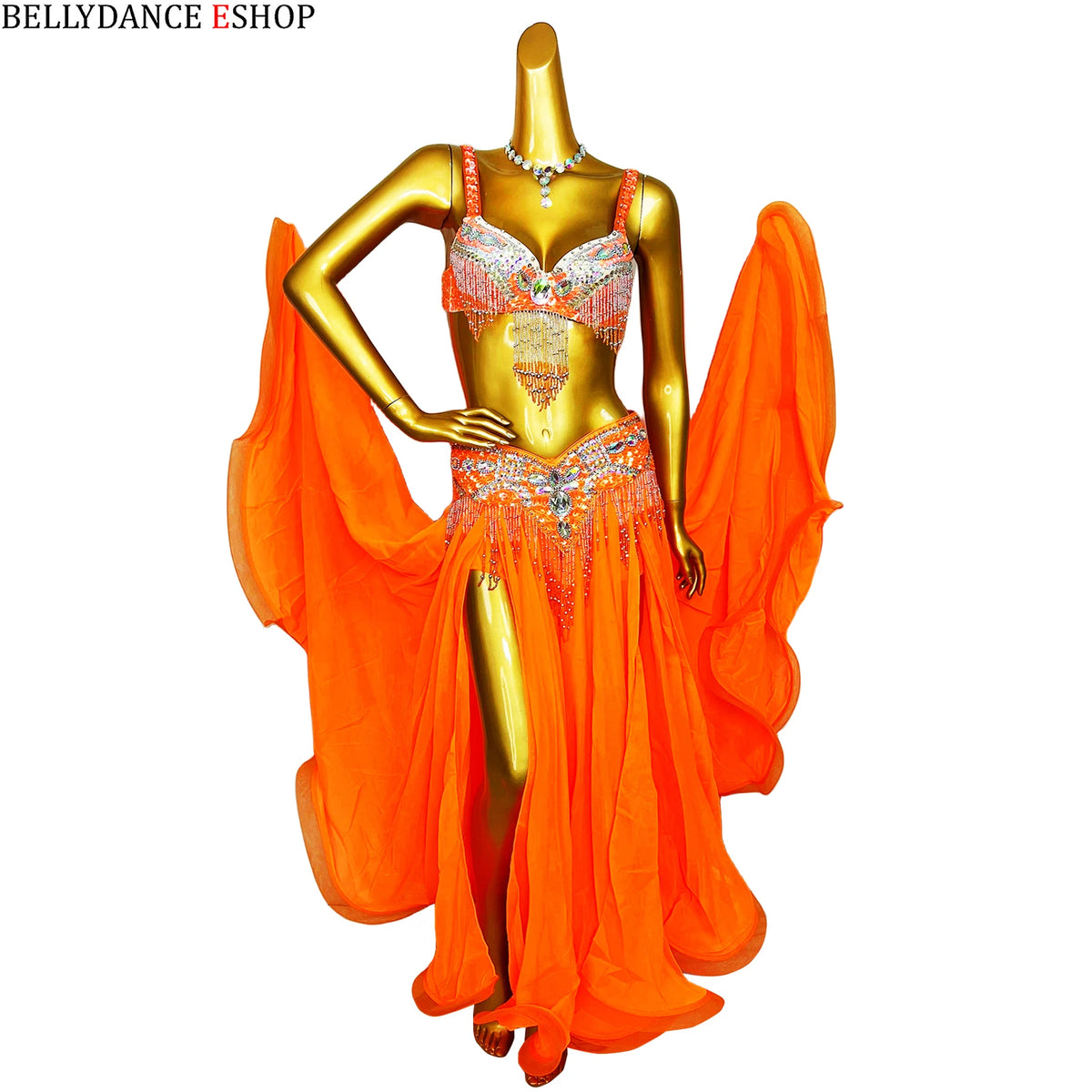 Belly Dance Costume Women Purple Beaded Bra & Slit Skirt Set Chiffon Tribal Dancewear