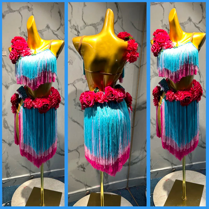 Women's Turquoise & Hot Pink Fringe Latin Dance Dress with Red Rose Embellishments, Sequin Bodice, Performance Rumba Salsa Cha-Cha Tango Costume