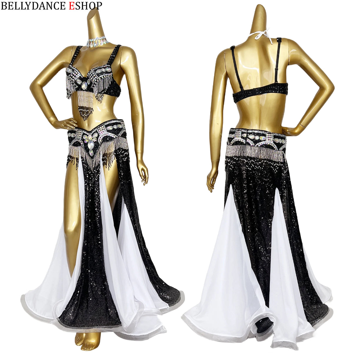 Belly Dance Costume Women Yellow & Gold Sequin Chiffon Bra Belt Skirt Set with Rhinestone Fringe