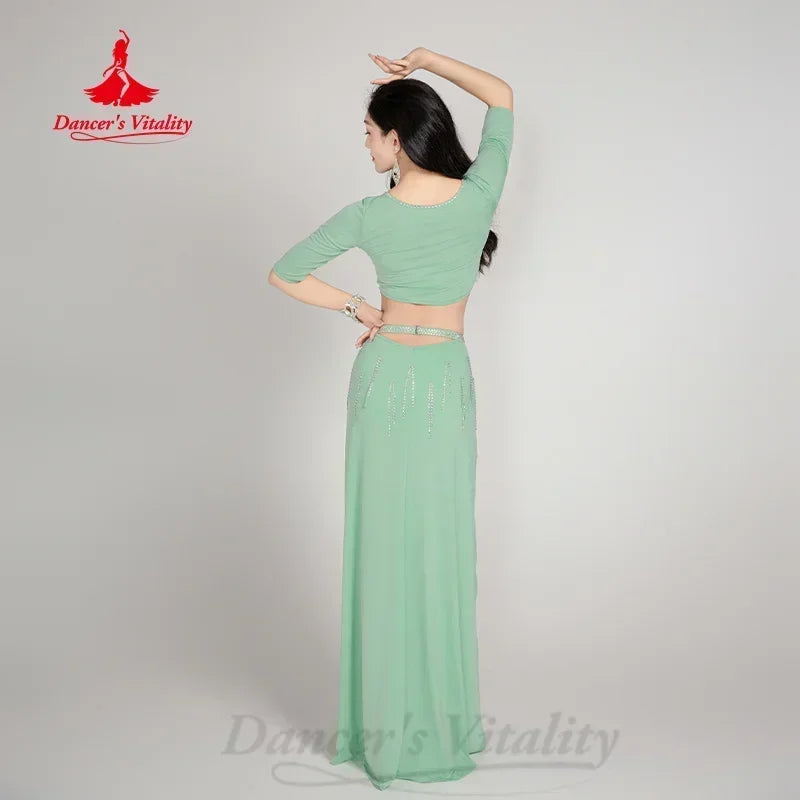 Women's Belly Dance Practice Set V-Neck Half-Sleeve Top and Long Split Skirt 2-Piece
