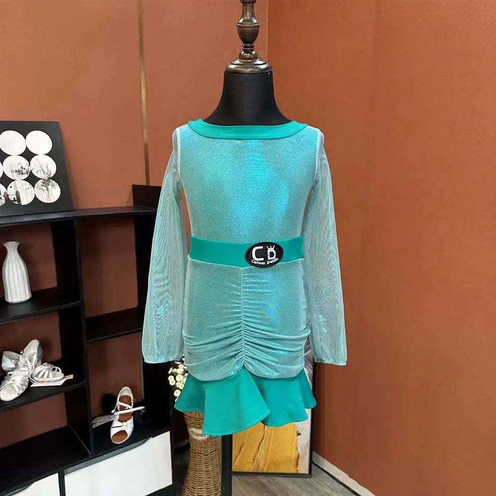 Girls' Aqua Green Shimmer Long Sleeve Ruched Skirt Dance Dress - Latin/Ballroom