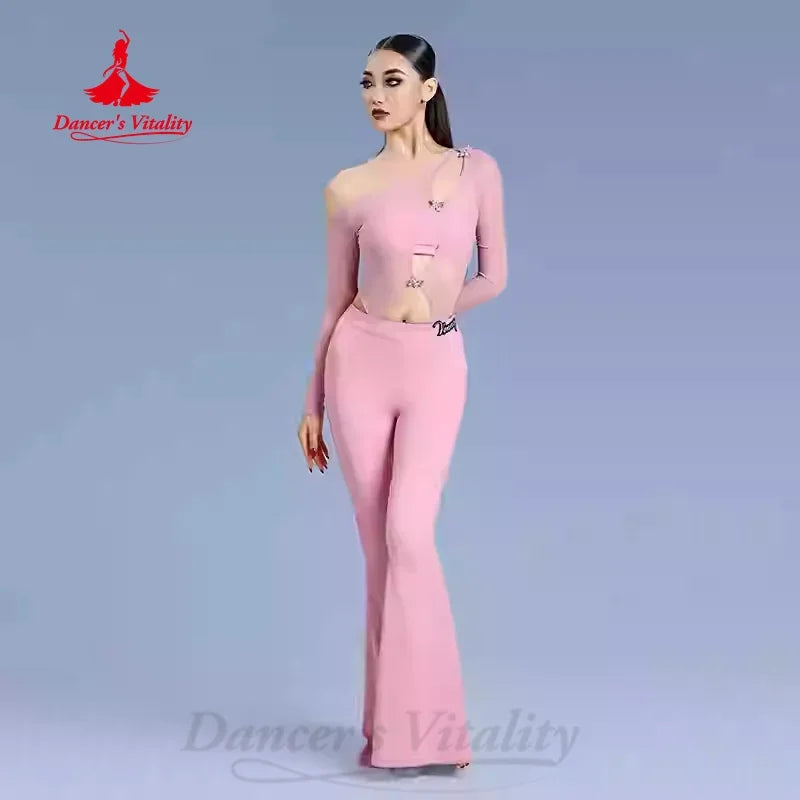 Women's Pink One-Shoulder Mesh Long Sleeve Cutout Embellished Latin Dance Jumpsuit with Flared Pants