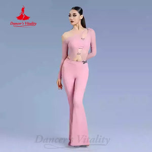 Women's Pink One-Shoulder Mesh Long Sleeve Cutout Embellished Latin Dance Jumpsuit with Flared Pants