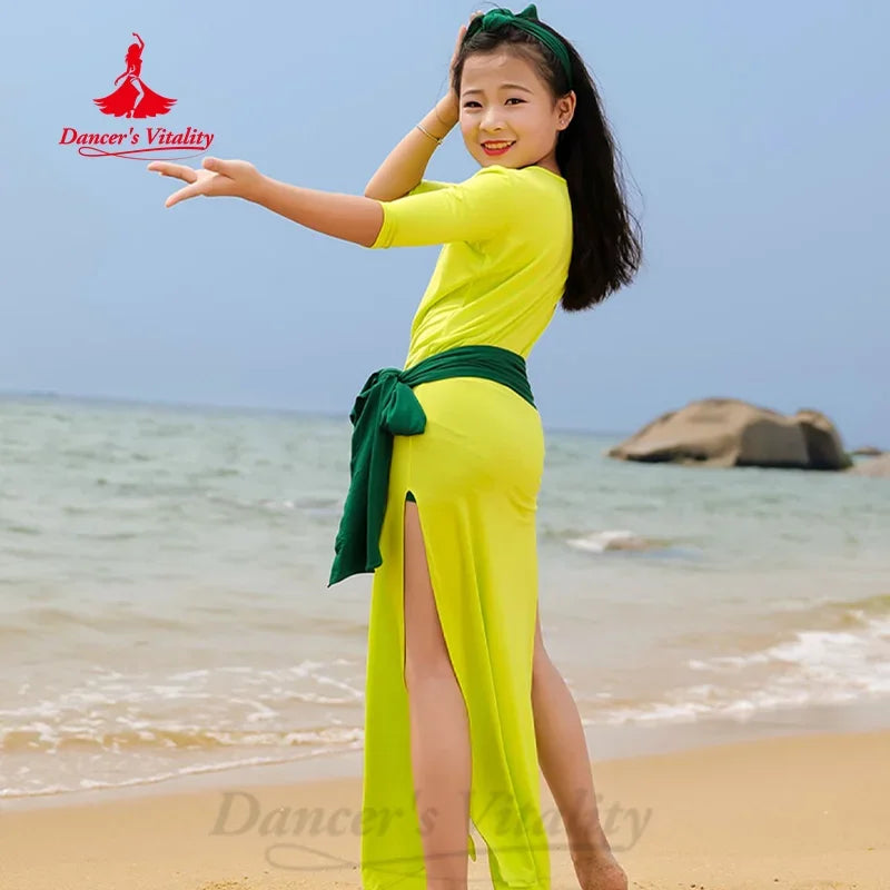 Kids' Green & Orange Slit Side Skirt with Headband Latin Dance Dress