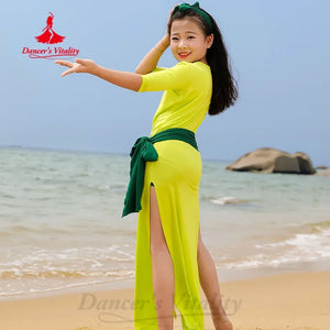 Kids' Green & Orange Slit Side Skirt with Headband Latin Dance Dress