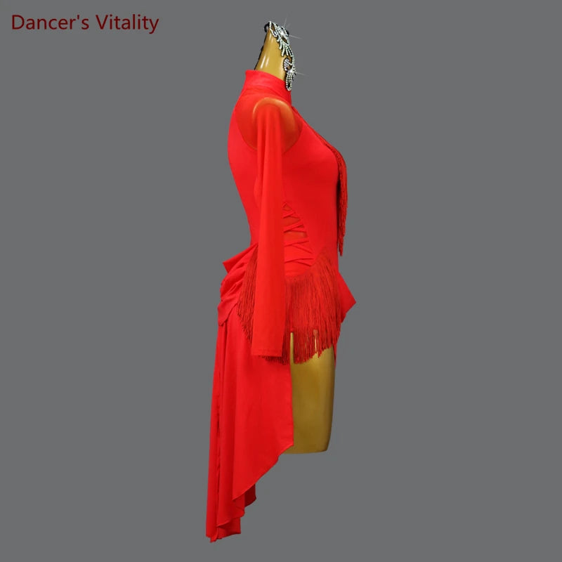 Latin Dance Dress Women's Red Fringe High-Low Hem Long Sleeve Mock Neck Mesh Bodice Rhythm Salsa Cha-Cha Rumba Samba Jive