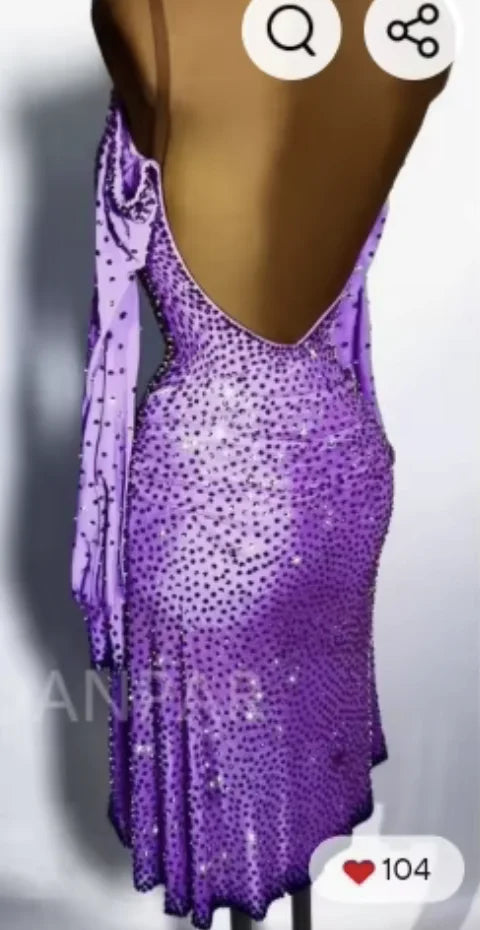 Women's Purple Sequin Rhinestone Long Sleeve Ballroom Latin Dance Dress with Floral Applique