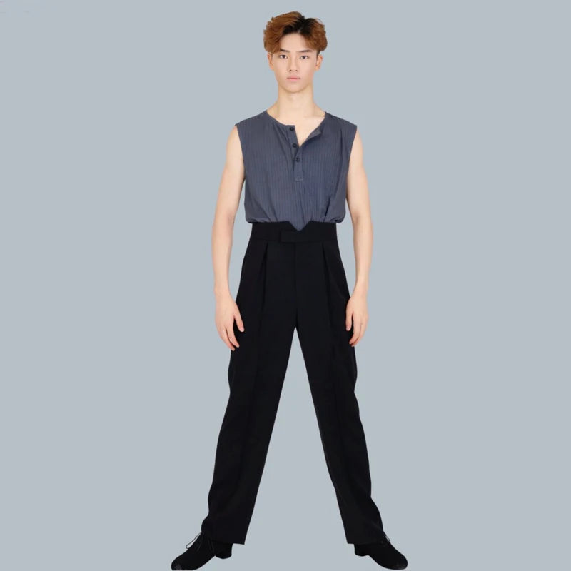 Men's Gray & Navy Ribbed Sleeveless Henley Dance Top with High-Waisted Black Pants, Modern Lyrical Ballet Contemporary Dancewear